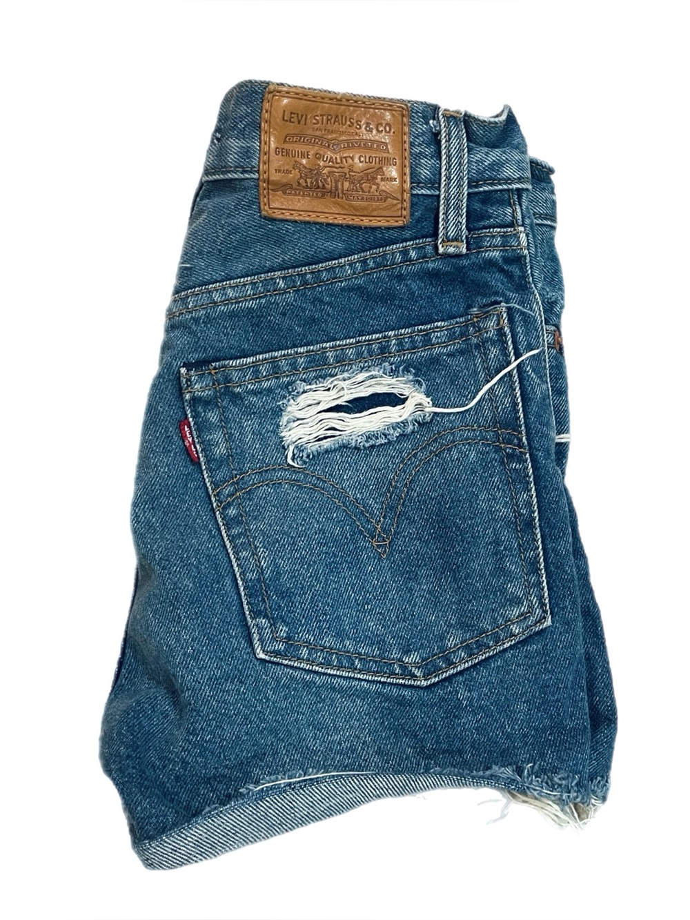 Women’s Levis 501 Wedgie Jean Shorts Big E Denim Distressed Raw Hem Sz 24